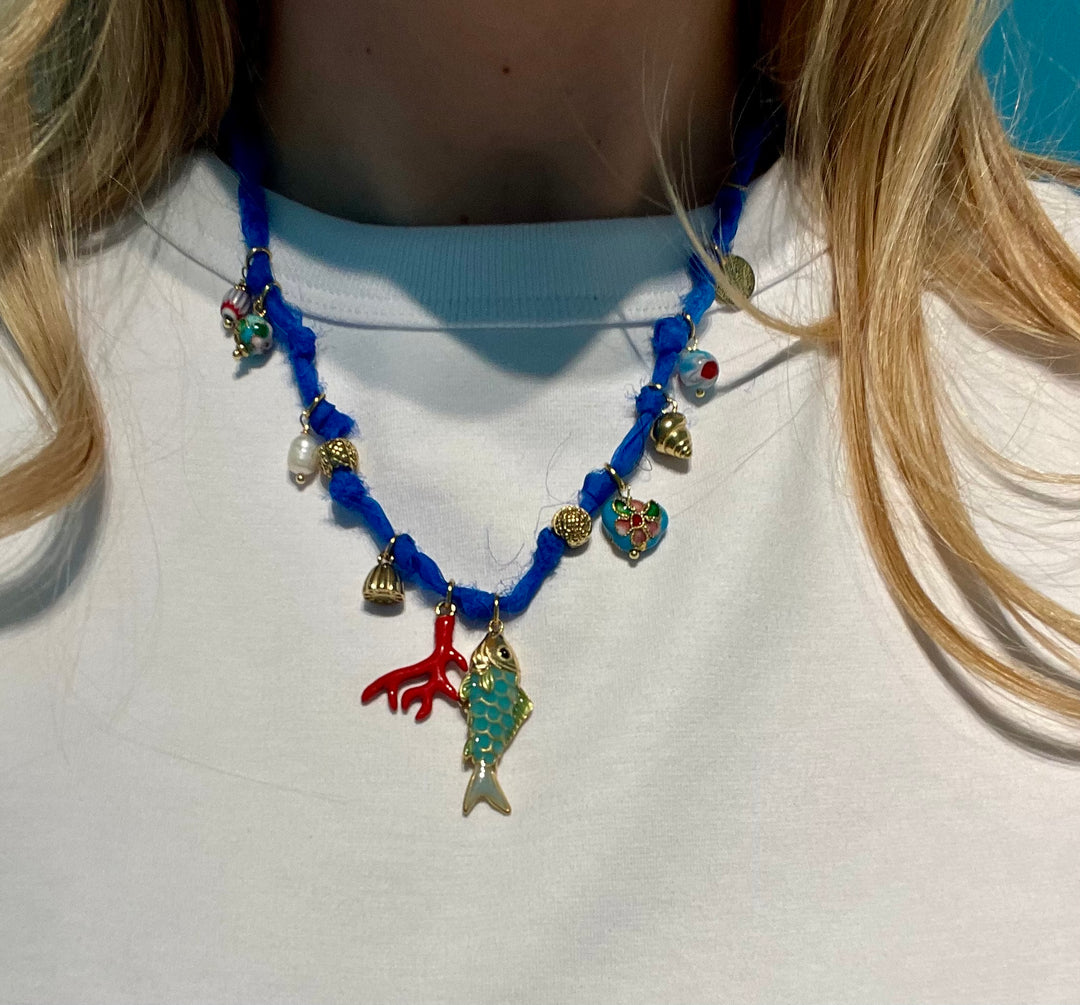 Blue Cord Charm Necklace