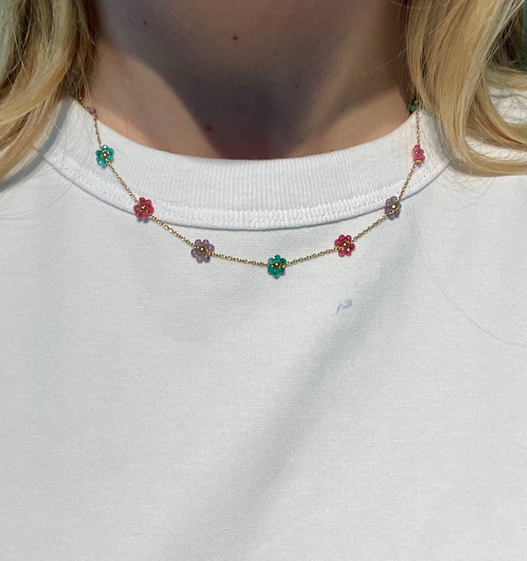 Turquoise Pink Lila Flower Necklace