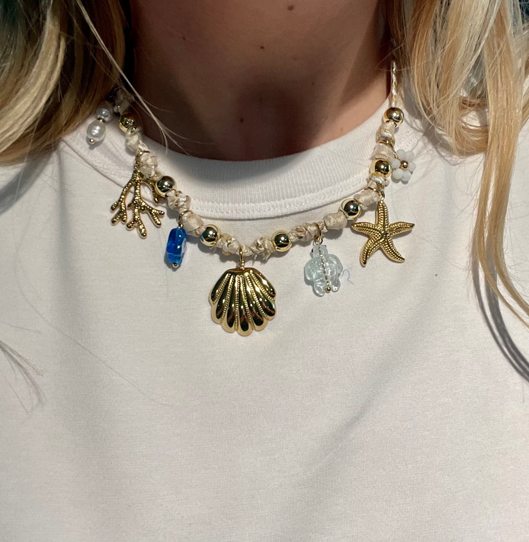 Beige Cord Blue Charm Necklace