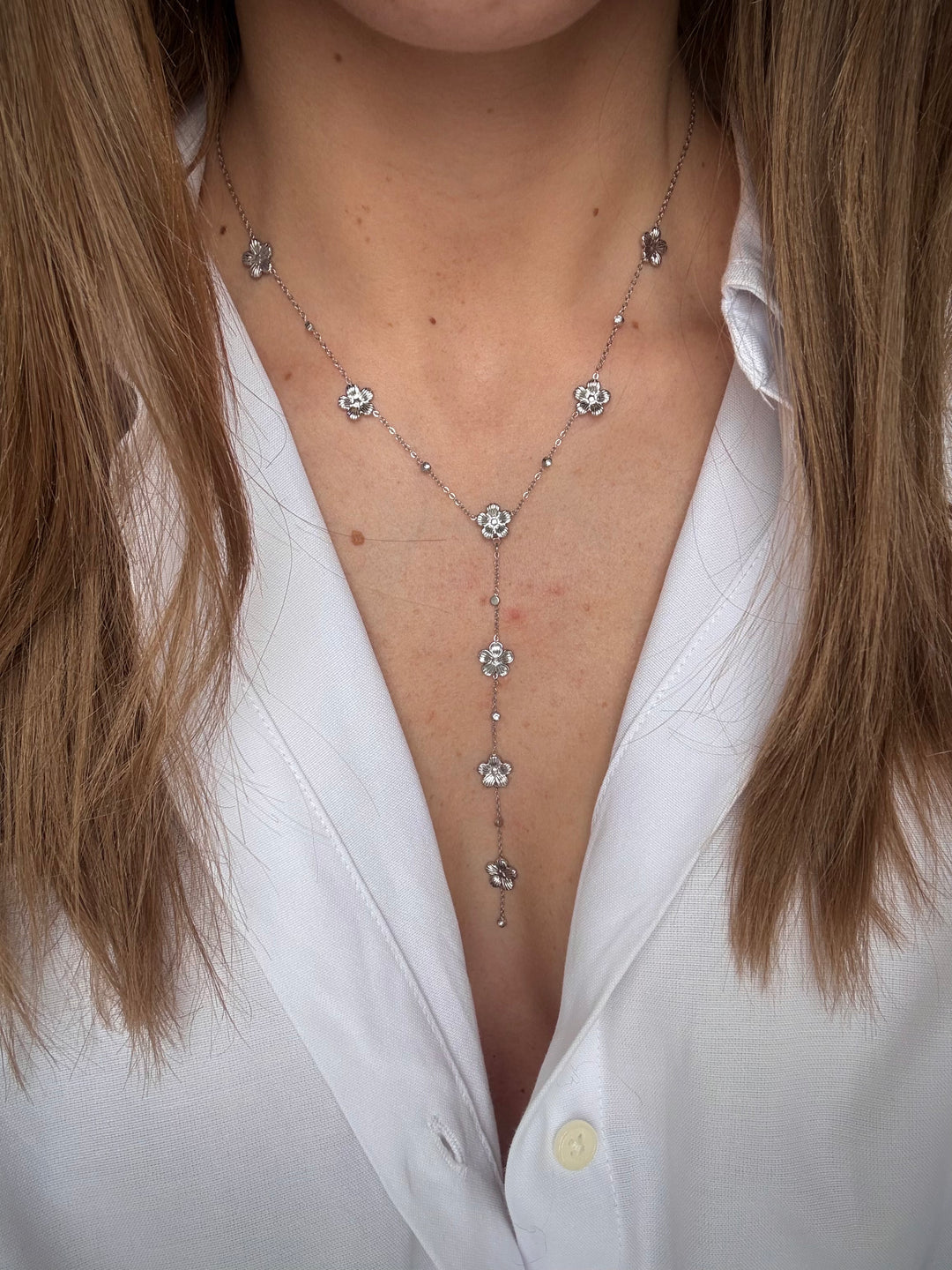 Silver flower long necklace