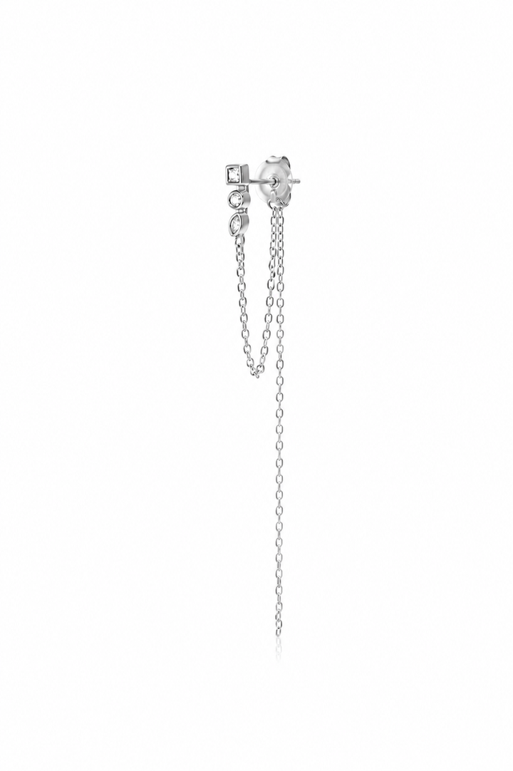 LONG ELEGANT TRIPLE STONE STUD CHAIN SILVER