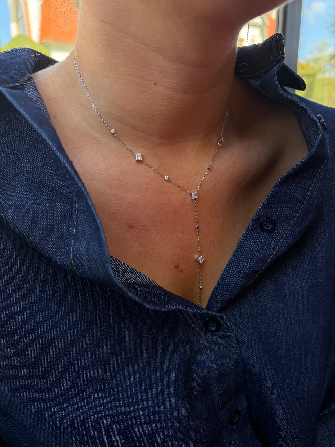 SQUARE DIAMOND DROP SILVER NECKLACE