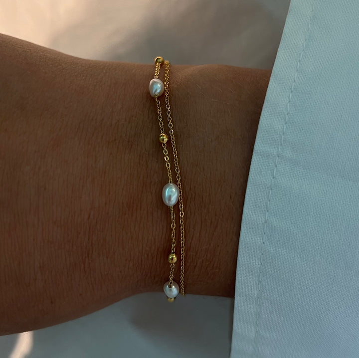 Double Chain Triple Pearl Bracelet